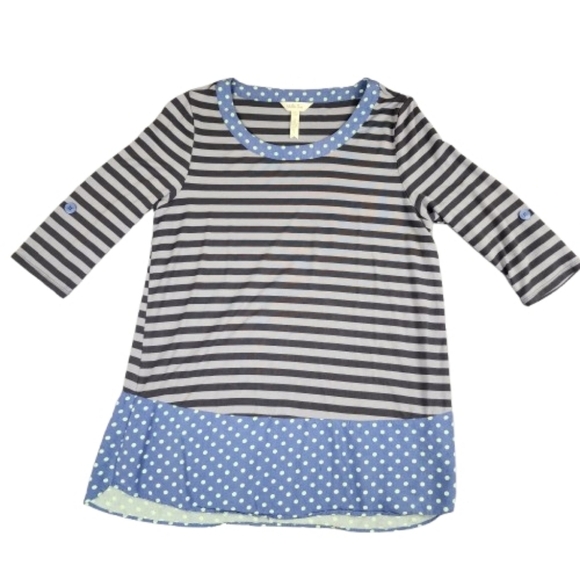 Matilda Jane Tops - Matilda Jane Striped Polka Dot Tunic Top Small Blue Gray Roll Tab Sleeve Boho